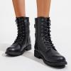 imageVepose Womens 928 Combat Boots Low Heel Mid Calf Military Boots with Card Knife Wallet PocketAtwo Strapsblack Pu