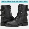 imageVepose Womens 928 Combat Boots Low Heel Mid Calf Military Boots with Card Knife Wallet PocketAtwo Strapsblack Pu