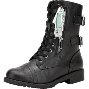 imageVepose Womens 928 Combat Boots Low Heel Mid Calf Military Boots with Card Knife Wallet PocketAtwo Strapsblack Pu