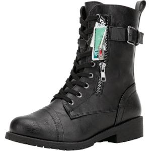 imageVepose Womens 928 Combat Boots Low Heel Mid Calf Military Boots with Card Knife Wallet PocketBuckle Combatblack Pu