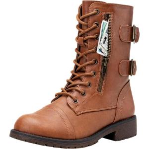imageVepose Womens 928 Combat Boots Low Heel Mid Calf Military Boots with Card Knife Wallet PocketHigh Combatbrown