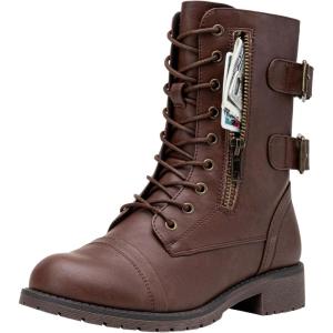 imageVepose Womens 928 Combat Boots Low Heel Mid Calf Military Boots with Card Knife Wallet PocketHigh Combatcognac