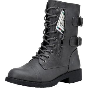 imageVepose Womens 928 Combat Boots Low Heel Mid Calf Military Boots with Card Knife Wallet PocketHigh Combatgrey