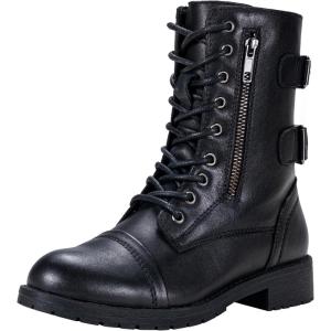 imageVepose Womens 928 Combat Boots Low Heel Mid Calf Military Boots with Card Knife Wallet PocketLeatherblack