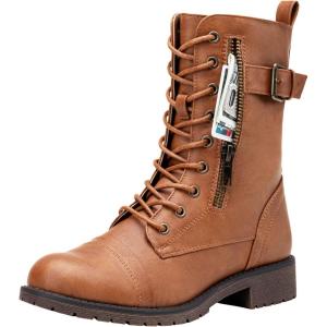 imageVepose Womens 928 Combat Boots Low Heel Mid Calf Military Boots with Card Knife Wallet PocketMilitarybrown