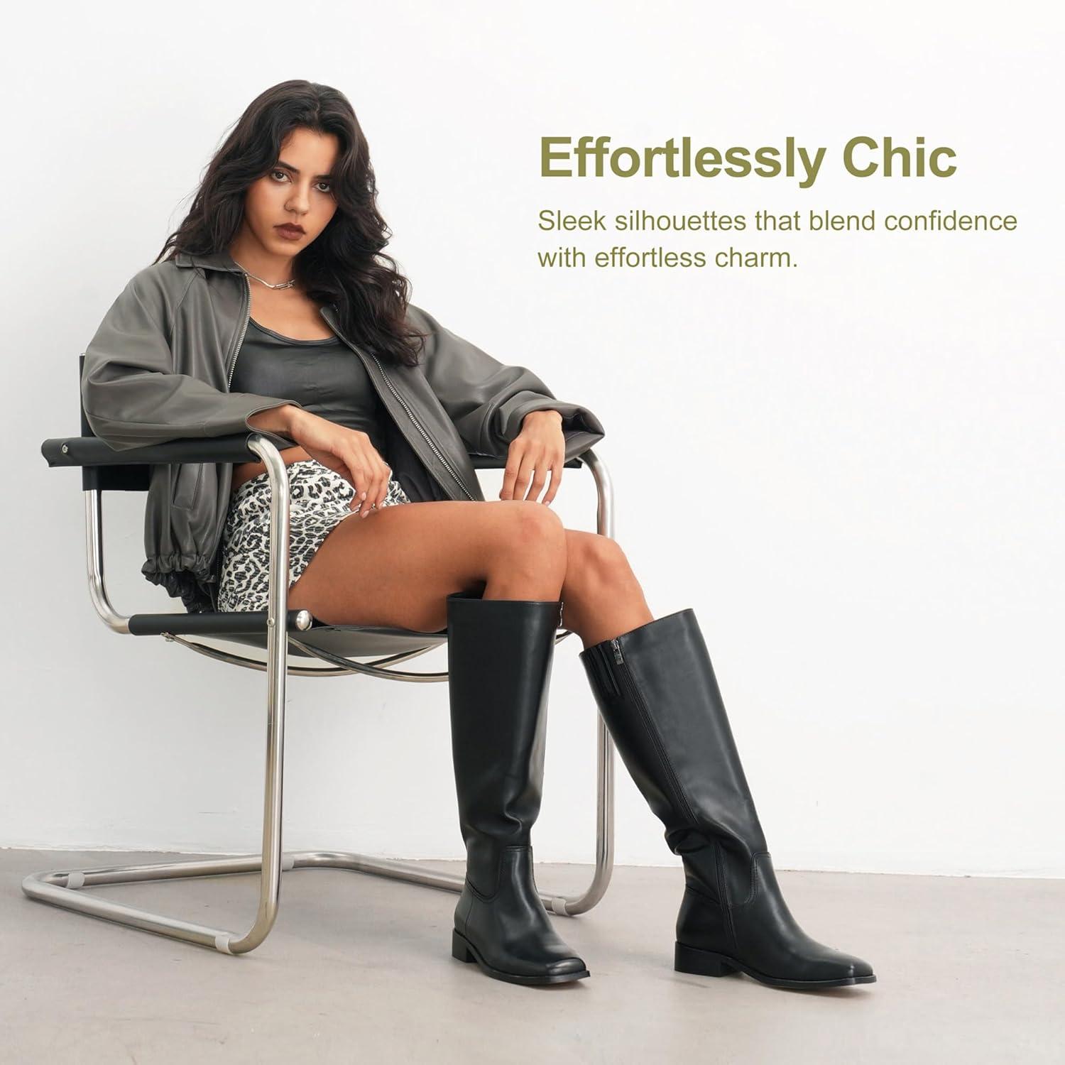 imageVepose Womens 9509 Knee High Boots Low Heel Square Toe Riding Boots Tall Boots with Side ZipperBlack9509