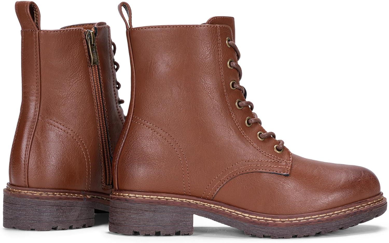 imageVepose Womens Combat Ankle Boots Lace up Classic Short Low Heel Zipper 9623 BootiesMocha Brownclassic Boots9623