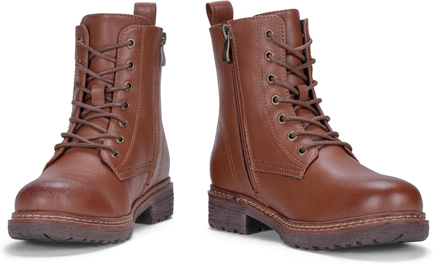 imageVepose Womens Combat Ankle Boots Lace up Classic Short Low Heel Zipper 9623 BootiesMocha Brownclassic Boots9623