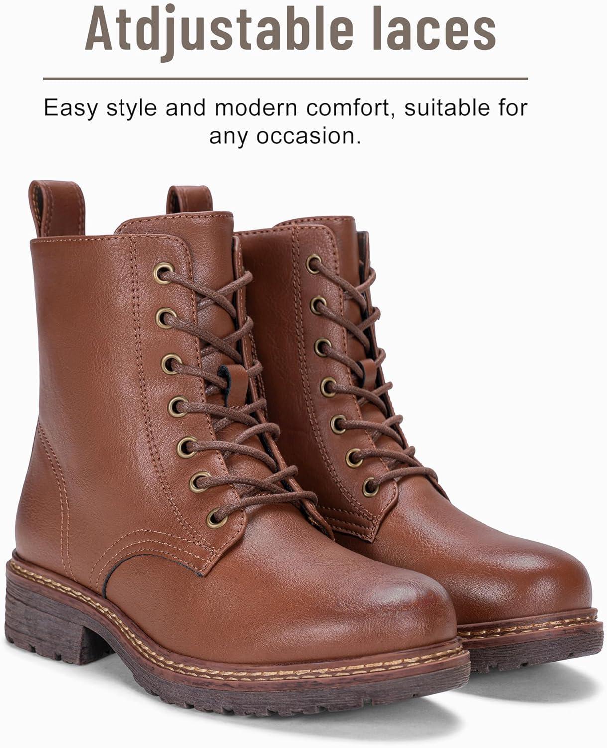 imageVepose Womens Combat Ankle Boots Lace up Classic Short Low Heel Zipper 9623 BootiesMocha Brownclassic Boots9623