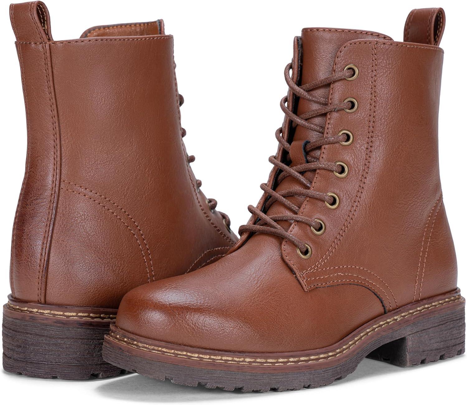 imageVepose Womens Combat Ankle Boots Lace up Classic Short Low Heel Zipper 9623 BootiesMocha Brownclassic Boots9623