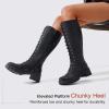 imageVepose Womens 953 Knee High Combat Boots Chunky Platform Heel Lace Up Gothic Punk Work Boots for Dresses and JeansLeatherblack Pu