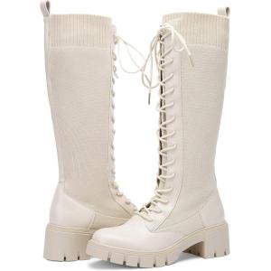 imageVepose Womens 953 Knee High Combat Boots Chunky Platform Heel Lace Up Gothic Punk Work Boots for Dresses and JeansBeige