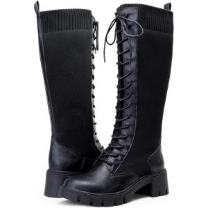 imageVepose Womens 953 Knee High Combat Boots Chunky Platform Heel Lace Up Gothic Punk Work Boots for Dresses and JeansBlack