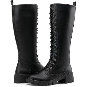 imageVepose Womens 953 Knee High Combat Boots Chunky Platform Heel Lace Up Gothic Punk Work Boots for Dresses and JeansBlack Pu
