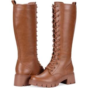 imageVepose Womens 953 Knee High Combat Boots Chunky Platform Heel Lace Up Gothic Punk Work Boots for Dresses and JeansBrown Pu