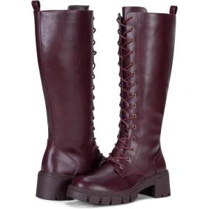 imageVepose Womens 953 Knee High Combat Boots Chunky Platform Heel Lace Up Gothic Punk Work Boots for Dresses and JeansRed Pu