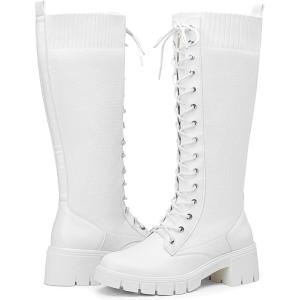 imageVepose Womens 953 Knee High Combat Boots Chunky Platform Heel Lace Up Gothic Punk Work Boots for Dresses and JeansWhite