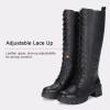 image:imageVepose Womens 953 Knee High Combat Boots Chunky Platform Heel Lace Up Gothic Punk Work Boots for Dresses and JeansCoated Leatherblack Pu