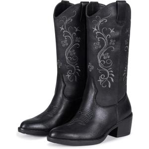 image:imageVepose Cowboy Cowgirl Boots for Women Western Embroidered MidCalf Comfortable Cute Boots Pointed Toe PullOn Low Chunky Heel for Walk Country Concert Theme Party Dance and Rodeo 9802Classic9802black