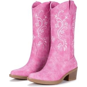 image:imageVepose Cowboy Cowgirl Boots for Women Western Embroidered MidCalf Comfortable Cute Boots Pointed Toe PullOn Low Chunky Heel for Walk Country Concert Theme Party Dance and Rodeo 9802Stylish9802pink
