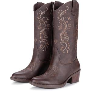 image:imageVepose Cowboy Cowgirl Boots for Women Western Embroidered MidCalf Comfortable Cute Boots Pointed Toe PullOn Low Chunky Heel for Walk Country Concert Theme Party Dance and Rodeo 9802Western9802whisky