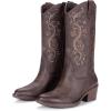 image:imageVepose Womens Cowboy Boots Mid Calf Floral Embroidered Western Cowgirl Pointed Toe Low Chunky Heel Pull On Botas Vaqueras Walk Country Concert Theme Party Dance Rodeo 9802Western9802whisky