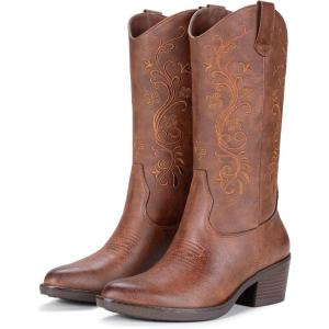 image:imageVepose Womens Cowboy Boots Mid Calf Floral Embroidered Western Cowgirl Pointed Toe Low Chunky Heel Pull On Botas Vaqueras Walk Country Concert Theme Party Dance Rodeo 9802Vintage9802brown