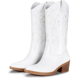 image:imageVepose Womens Cowboy Boots Mid Calf Floral Embroidered Western Cowgirl Pointed Toe Low Chunky Heel Pull On Botas Vaqueras Walk Country Concert Theme Party Dance Rodeo 9802Trendy9802white