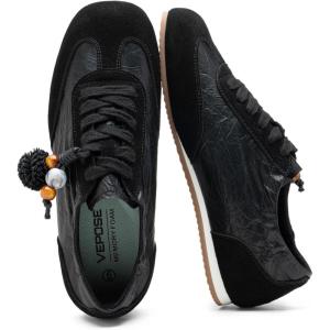 image:imageVepose Womens Retro Fashion Sneakers Comfortable Walking Shoes with Boho PomPom Charm NonSlip Laceup Trainers for Travel Commuting amp Casual OutingsBlacksneaker 8200