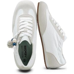 image:imageVepose Womens Retro Fashion Sneakers Comfortable Walking Shoes with Boho PomPom Charm NonSlip Laceup Trainers for Travel Commuting amp Casual OutingsWhite Greysneaker 8200