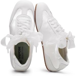 image:imageVepose Womens Satin amp Suede Gat Sneakers Retro Classic Ribbon Lace Trainers with Memory Foam Lightweight NonSlip Gum Sole Walking Shoes for Travel and AllDay Wear 8202White