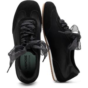 image:imageVepose Womens Satin amp Suede Gat Sneakers Retro Classic Ribbon Lace Trainers with Memory Foam Lightweight NonSlip Gum Sole Walking Shoes for Travel and AllDay Wear 8202Black