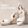 image:imageVepose Womens Espadrille Wedge Sandals Rome 882 Open Toe Lace Up Platform Wedges Comfortable Ankle Wrap Heels for Summer Wedding Beach CasualWhite