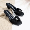 image:imageVepose Womens Embellished Woven Raffia Heeled Sandals Approx 3 Inch Flared Block Chunky Sculptural Slip on Mule Heels  Square Open Toe Business Casual Wedding Guest Shoes 6102Black Ring Charm