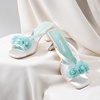 image:imageVepose Womens Floral Satin Heels Slip On Square Open Toe  Approx 3 Inch Rectangular Slim Block Heeled Comfortable Dressy for Wedding Guest Prom Evening Party 6115Silver Satin