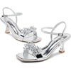 image:imageVepose Womens Kitten Heels Sparkly Rhinestone Cluster Ankle Strap Sandals Comfortable Approx 3 Inch Low Heel Open Square Toe Dressy Prom Wedding Party Shoes 6119Silver Pu