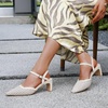 image:imageVepose Womens Mesh Woven Raffia Pointed Toe Pumps Ankle Strap Closed Toe  Approx 3 Inch Slim Block Heels Dressy Business Casual Office Wedding Shoes 6107Beige