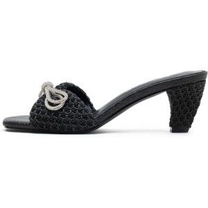 image:imageVepose Womens Embellished Woven Raffia Heeled Sandals Approx 3 Inch Flared Block Chunky Sculptural Slip on Mule Heels  Square Open Toe Business Casual Wedding Guest Shoes 6102Black Spakly Bow