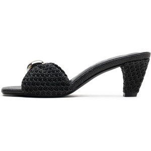 image:imageVepose Womens Embellished Woven Raffia Heeled Sandals Approx 3 Inch Flared Block Chunky Sculptural Slip on Mule Heels  Square Open Toe Business Casual Wedding Guest Shoes 6102Black Ring Charm