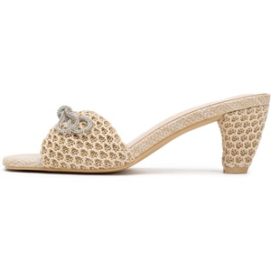 image:imageVepose Womens Embellished Woven Raffia Heeled Sandals Approx 3 Inch Flared Block Chunky Sculptural Slip on Mule Heels  Square Open Toe Business Casual Wedding Guest Shoes 6102Beige Bow