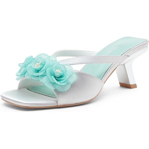 image:imageVepose Womens Floral Satin Heels Slip On Square Open Toe  Approx 3 Inch Rectangular Slim Block Heeled Comfortable Dressy for Wedding Guest Prom Evening Party 6115Silver