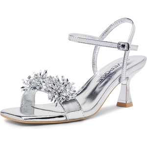 image:imageVepose Womens Kitten Heels Sparkly Rhinestone Cluster Ankle Strap Sandals Comfortable Approx 3 Inch Low Heel Open Square Toe Dressy Prom Wedding Party Shoes 6119Silver