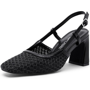 image:imageVepose Womens Mesh Raffia Slingback Pumps  Approx 3 Inch Chunky Block Heel Comfortable Soft Square Closed Toe Dress Shoes for Business Casual Office Work WeddingBlack
