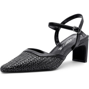 image:imageVepose Womens Mesh Woven Raffia Pointed Toe Pumps Ankle Strap Closed Toe  Approx 3 Inch Slim Block Heels Dressy Business Casual Office Wedding Shoes 6107Black