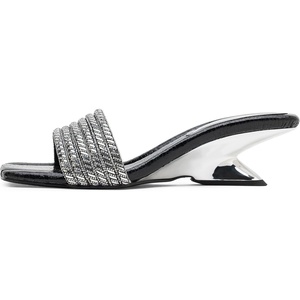 image:imageVepose Womens Rhinestone Heeled Sandals  Approx 2 Inch Low Chunky Heel Slip On 6109 Mules Square Open Toe Dressy Double Band Slides for Wedding Party Daily WearBlack Rhinestone