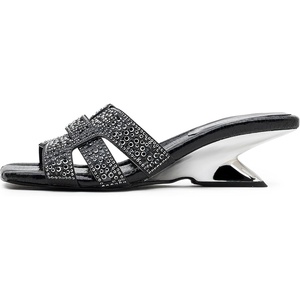 image:imageVepose Womens Rhinestone Heeled Sandals  Approx 2 Inch Low Chunky Heel Slip On 6109 Mules Square Open Toe Dressy Double Band Slides for Wedding Party Daily WearBlack