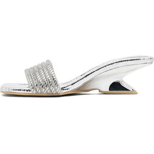 image:imageVepose Womens Rhinestone Heeled Sandals  Approx 2 Inch Low Chunky Heel Slip On 6109 Mules Square Open Toe Dressy Double Band Slides for Wedding Party Daily WearSilver Rhinestone