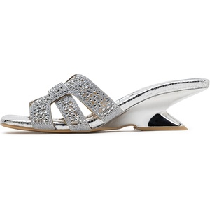 image:imageVepose Womens Rhinestone Heeled Sandals  Approx 2 Inch Low Chunky Heel Slip On 6109 Mules Square Open Toe Dressy Double Band Slides for Wedding Party Daily WearSilver