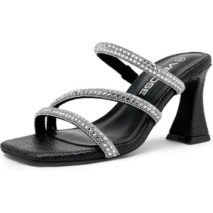image:imageVepose Womens Rhinestone Strappy Heeled Sandals 35 Inch Chunky Block Flared Heels Slip On Square Open Toe  Comfortable Prom Wedding Guest Dressy Shoes 6125Black