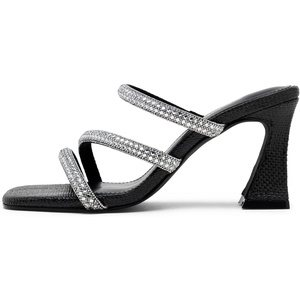 image:imageVepose Womens Rhinestone Strappy Heeled Sandals 35 Inch Chunky Block Flared Heels Slip On Square Open Toe  Comfortable Prom Wedding Guest Dressy Shoes 6125Black Spakly